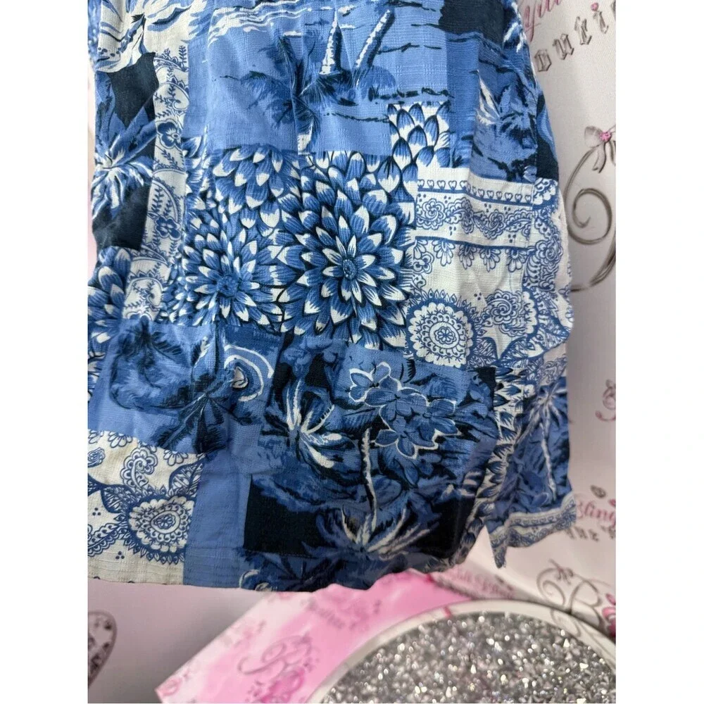 Hathaway shirt tropical palm Blue Patchwork Floral Short-Sleeve Button Down